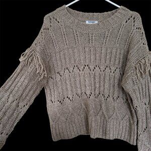Old Navy Women Textured Fringe Sweater Size M Tan Relaxed Fit Boho Chic Festival